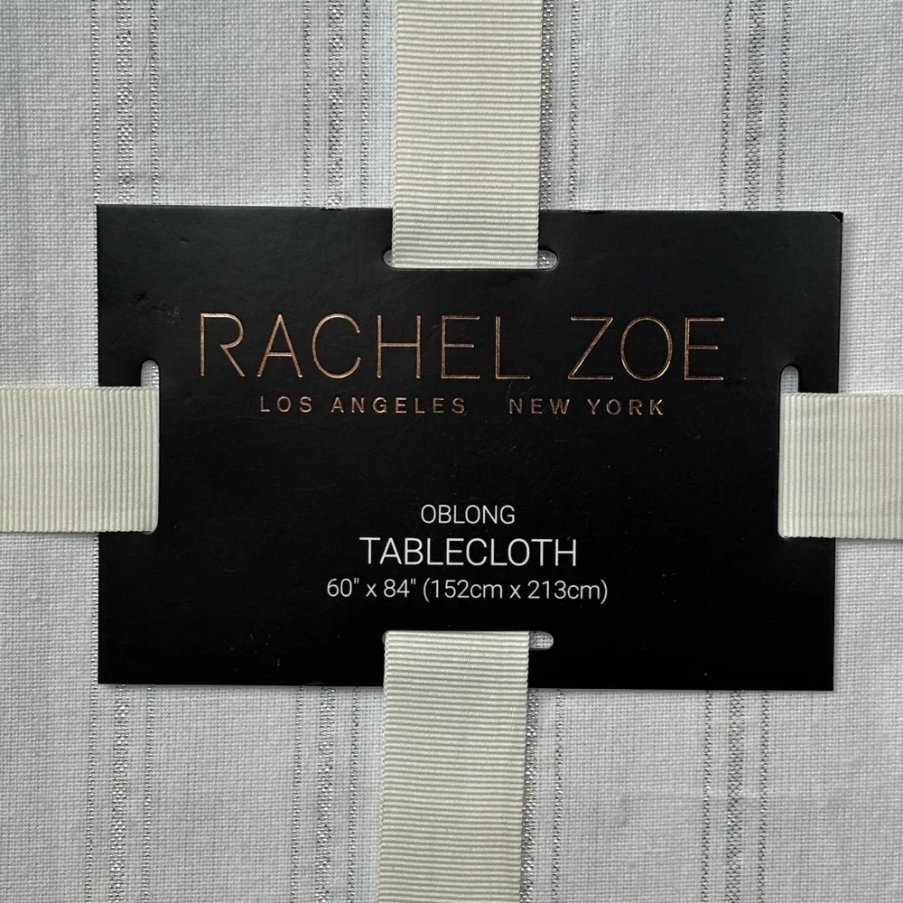 Brand New Rachel Zoe White & Silver Metallic Oblong Fabric Tablecloth 60